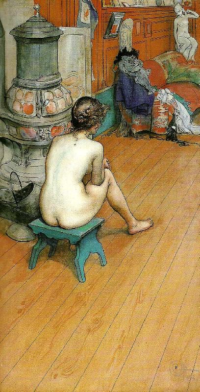 leontine, naken rygg sittande-am ofen-i ateljen, Carl Larsson